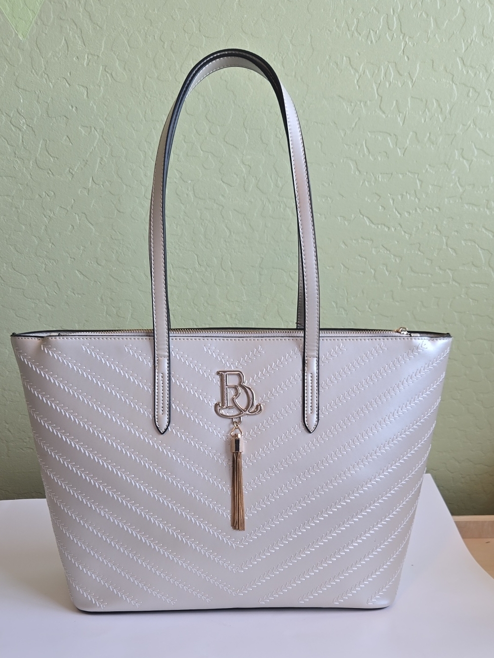 Silver Chevron Embossed Work Tote Bag NWT Large Shoulder Purse Brangio Italy NWT